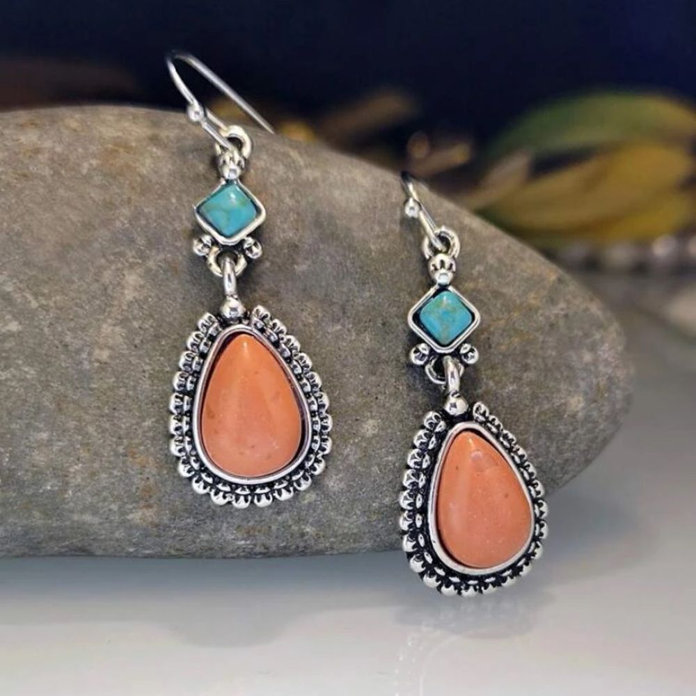 🔅🆕🔅 BoHo Vintage Silver Plated Coral Turquoise Decor Stones Drop Earrings✨